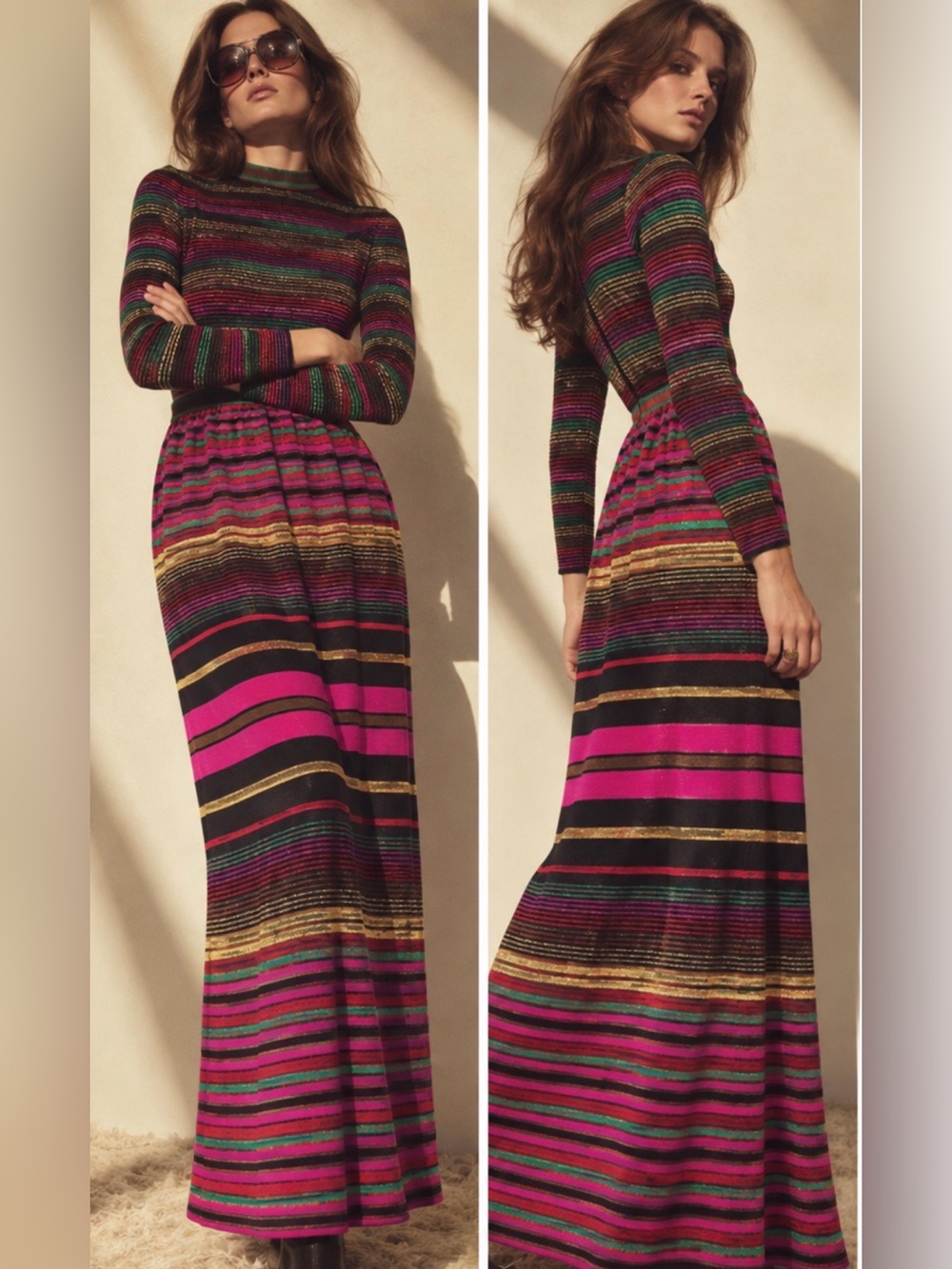 Vintage 70’s knit Crissa Linea Italiana  wool rainbow Striped Maxi Dress